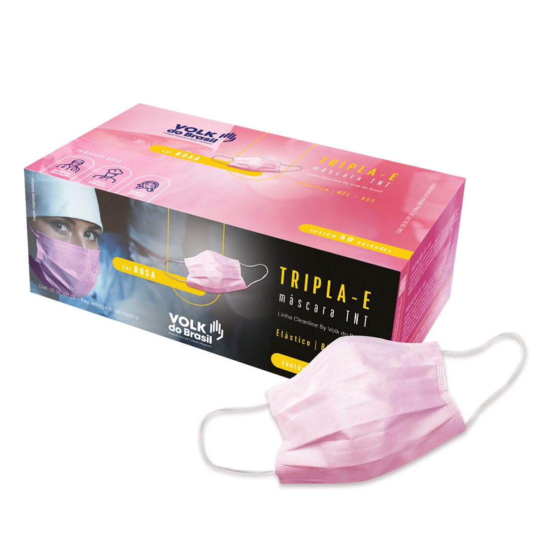 Máscara TNT com Anvisa Tripla com Elástico na Orelha Rosa Caixa com 50 - Volk