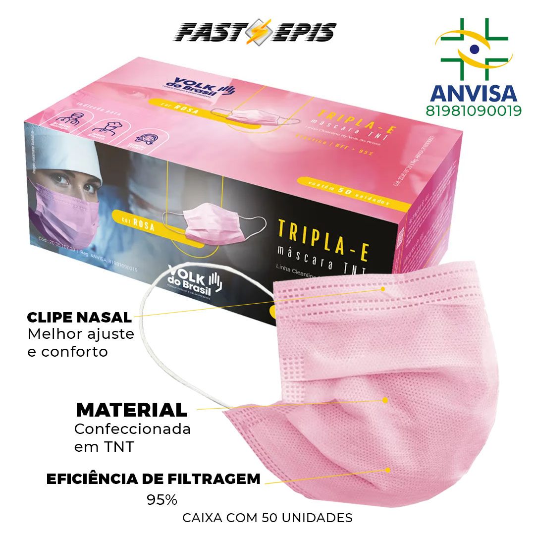 Máscara TNT com Anvisa Tripla com Elástico na Orelha Rosa Caixa com 50 - Volk - Imagem 2