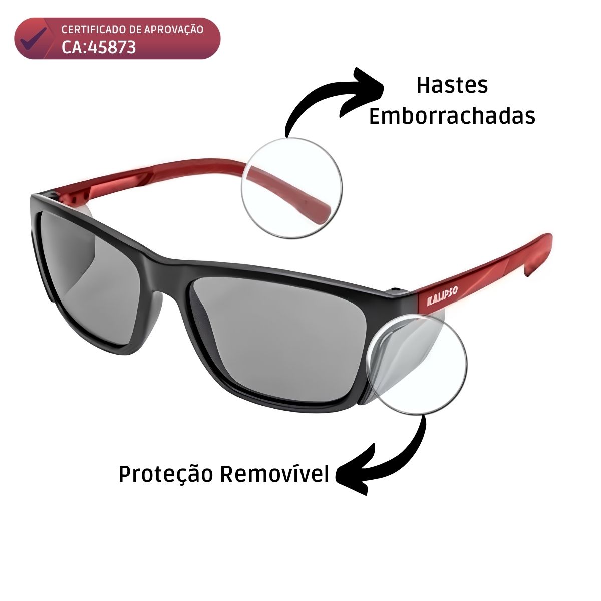 Oculos de Proteção Modelo Cancun Para lentes graduadas Com Hastes vermelhas emborrachadas - KALIPSO - Imagem 2