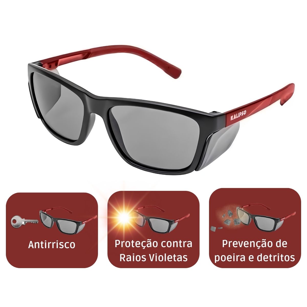 Oculos de Proteção Modelo Cancun Para lentes graduadas Com Hastes vermelhas emborrachadas - KALIPSO - Imagem 3